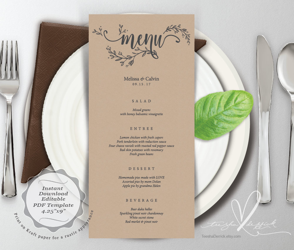 wedding menu card pdf editable template instant download etsy