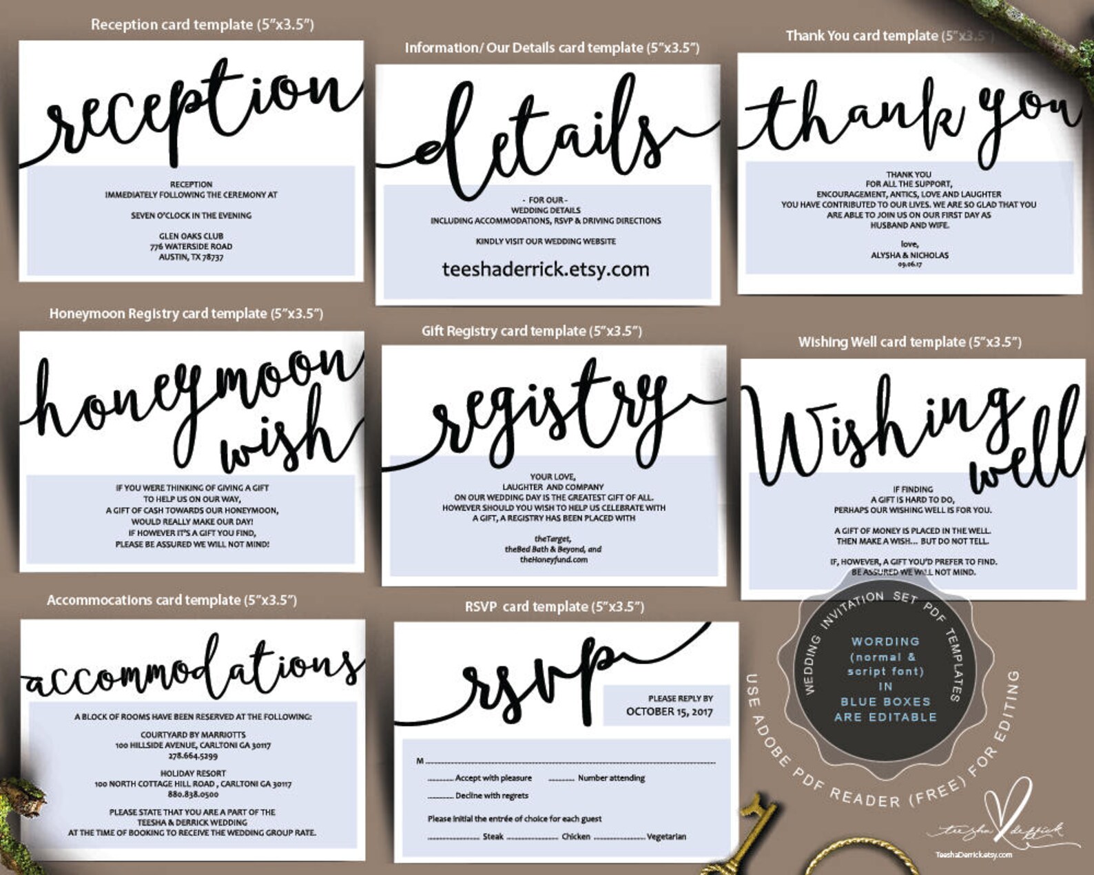 Wedding Insert Cards PDF Template instant Download Etsy