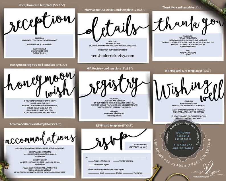 Wedding Insert cards PDF template Instant download Etsy