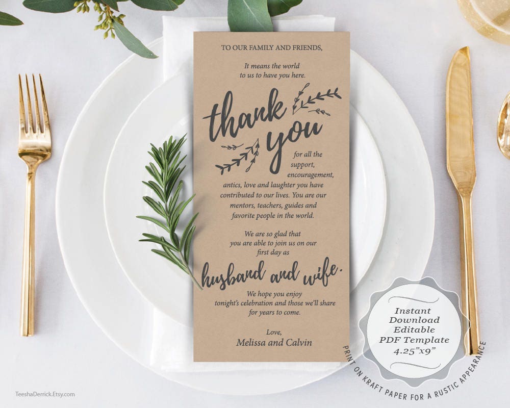 Wedding Place Setting Thank You Card Instant Download Etsy Singapore