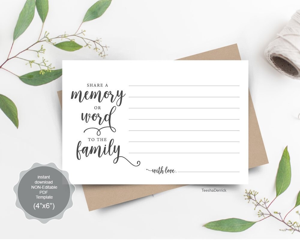 Share a memory card template, funeral, word to the family, PDF files,  keepsake, sympathy card, rustic wedding memorial table (TEF20_20b) Pertaining To Sympathy Card Template