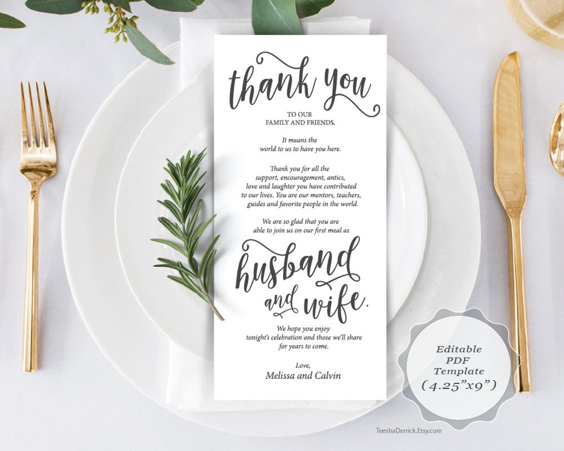 Wedding Place Setting Thank You Card Instant Download Etsy