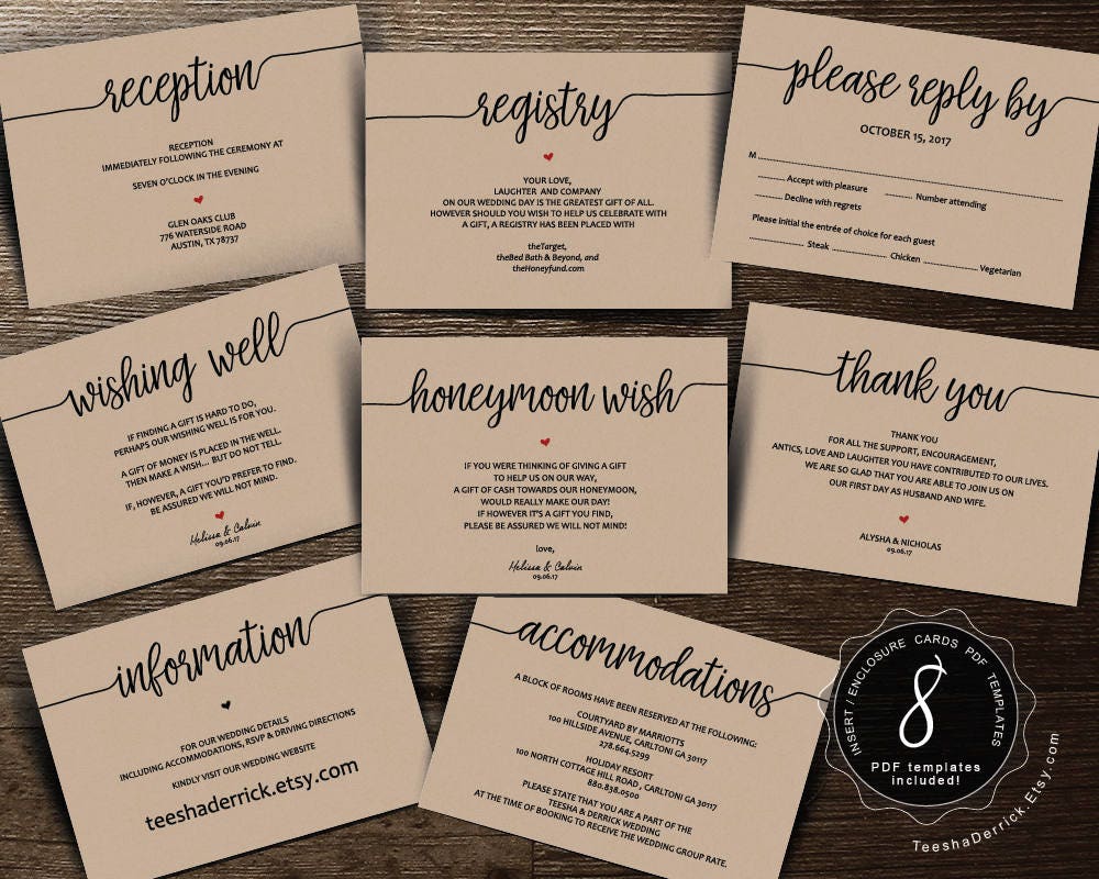 Wedding Insert cards PDF template Instant download Etsy