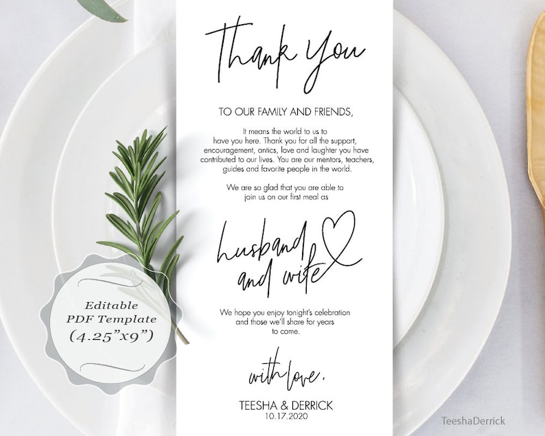 Wedding Place Setting Thank You Card Template Instant PDF Etsy