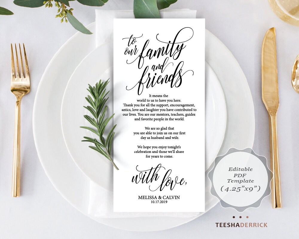 Wedding Place Setting Thank You Card Editable PDF Template Etsy