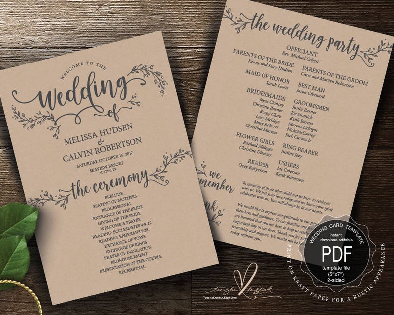 Rustic Wedding Program PDF card template instant download Rustic Wedding Program PDF card template instant download