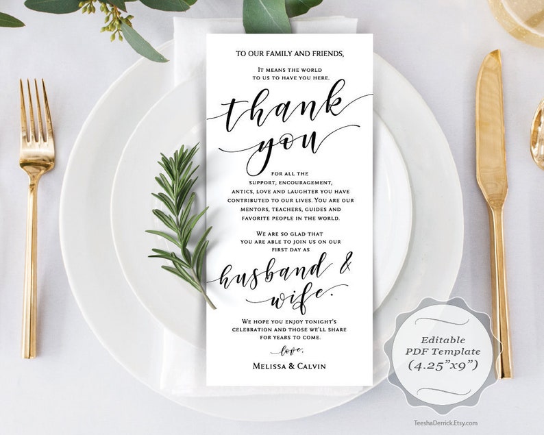 Wedding Place Setting Thank You Card Instant Download Etsy