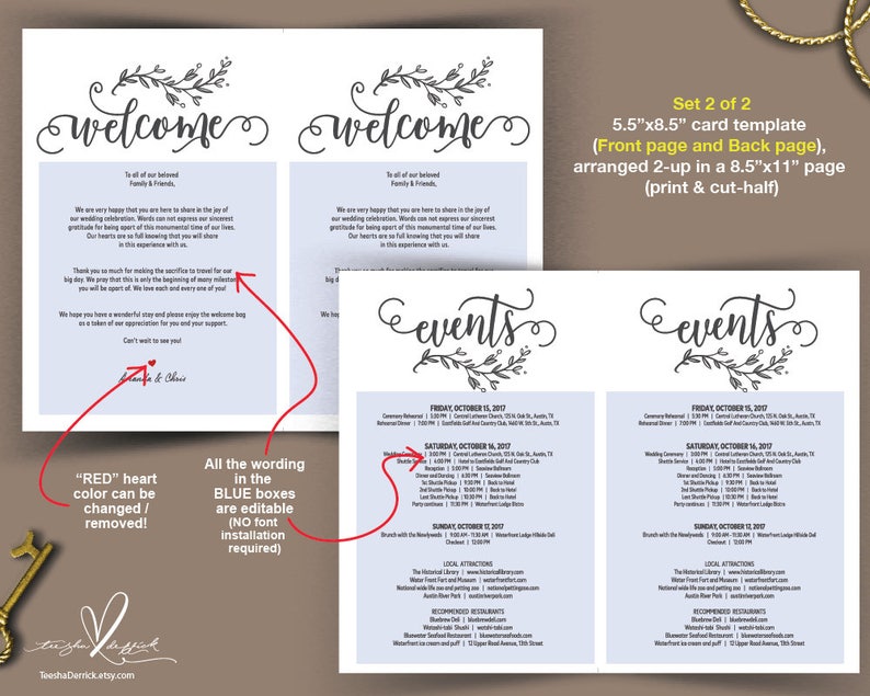 Wedding Welcome And Itinerary Card Editable PDF Template Timeline Card Wedding Weekend Welcome Bag Welcome Box Inch TED435 1
