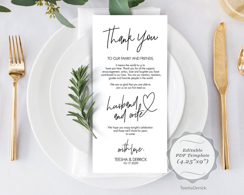 Wedding Place Setting Thank You Card Template instant PDF Etsy