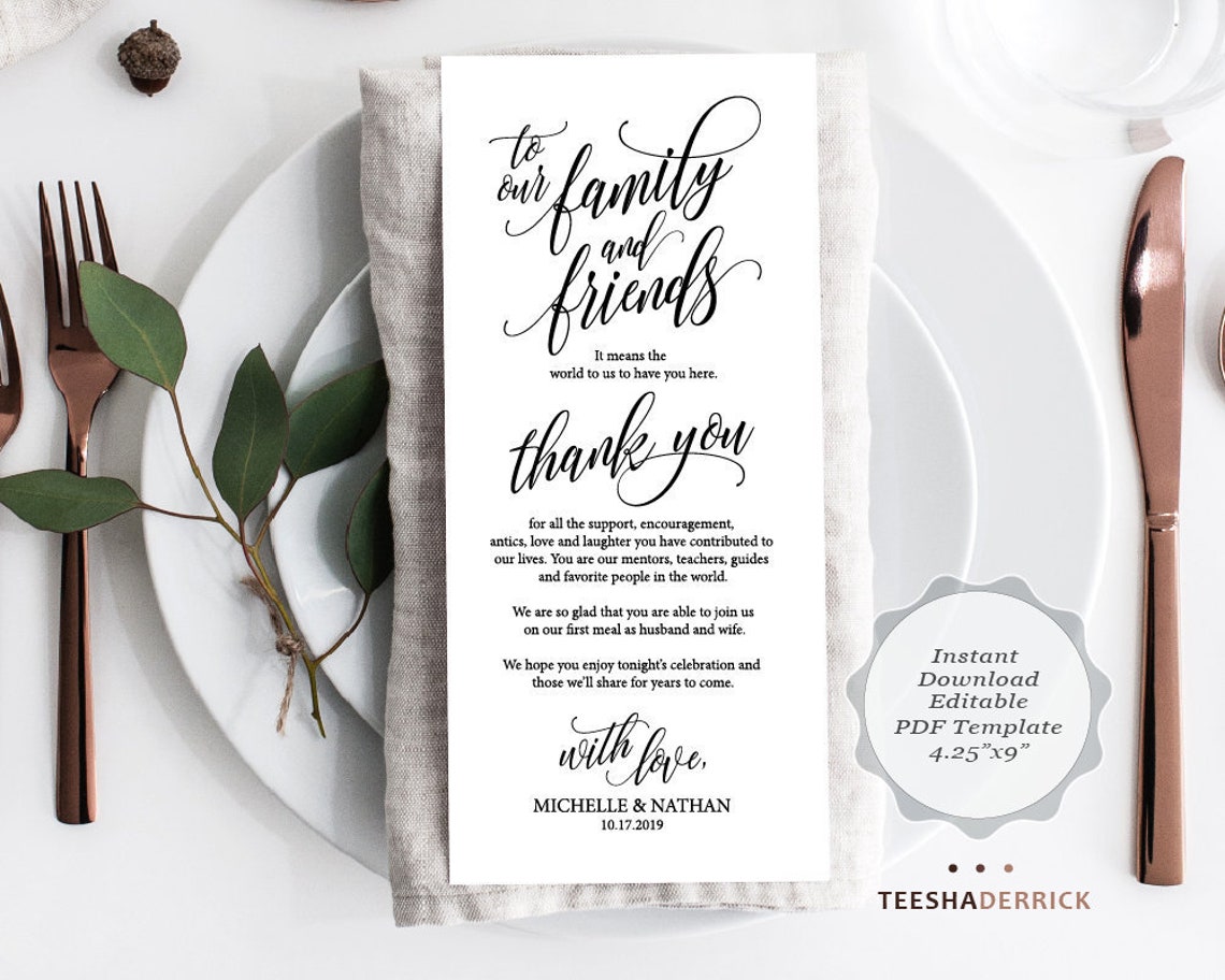 Wedding Place Setting Thank You Card Template Editable PDF Etsy
