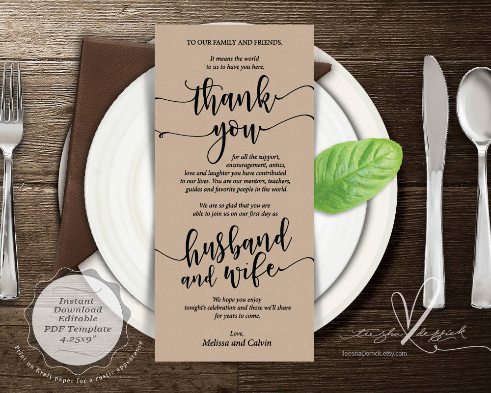 Wedding Place Setting Thank You Card Instant Download Etsy