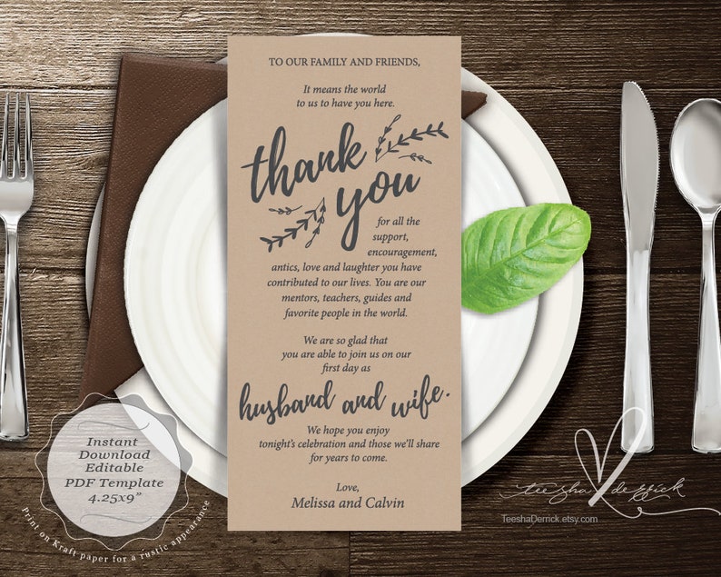Wedding Place Setting Thank You Card Instant Download Etsy