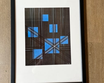 Herbert Bayer lithograph Linear Gray with Six Blue Squares, framed, from portfolio 25x20
