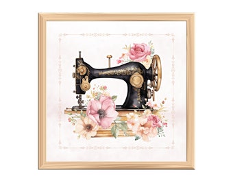 Vintage Sewing Machine Printable Wall Art, Square Print, DIY Greetings Card