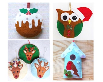 Christmas Sewing Patterns, Set of 4, Christmas Pudding, Santa Owl, Reindeer Ornament and Robin and Bird House, Instant Download