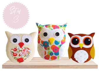 Owl PDF Sewing Patterns, Set of 3, Lavender Scented Owl, Flora the Owl, Hoot the Owl, Felt Crafts, Easy to Sew