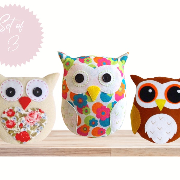 Owl PDF Sewing Patterns, Set of 3, Lavender Scented Owl, Flora the Owl, Hoot the Owl, Felt Crafts, Easy to Sew