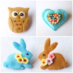 Felt Brooch Sewing Patterns: Owl, Bunny, Heart Pin (PDF Download)