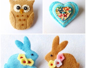 Felt Brooch PDF Sewing Patterns, Owl, Bunny and Heart Felt Brooch Pin, Set of 3, Instant Download, Easy to Sew