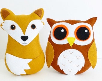 Fox and Owl PDF Sewing Patterns, Set of 2, Felt Crafts, Instant Download, Easy to Sew