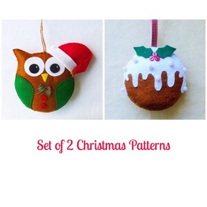 Santa Owl and Christmas Pudding Felt PDF Sewing Patterns,  Set of 2, Instant Download, Easy Step-by-Step Instructions