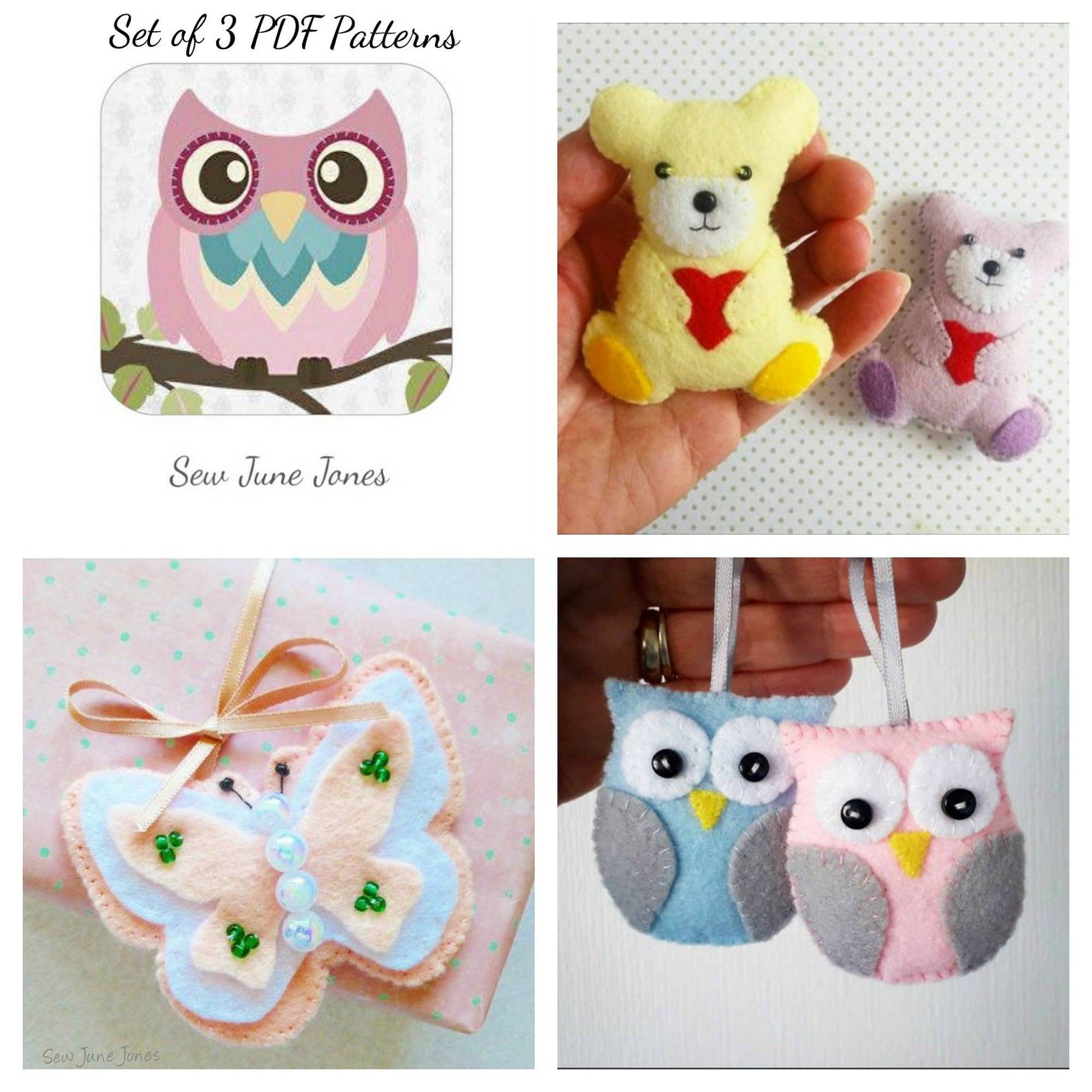 Felt Butterfly, Owl, Teddy Bear Sewing Patterns: Set of 3 (PDF Download)