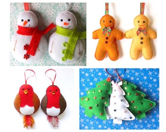 Christmas Sewing Patterns, Set of 4, Gingerbread Man, Snowman, Christmas Tree and Robin Redbreast, Hanging Decorations, Instant Download