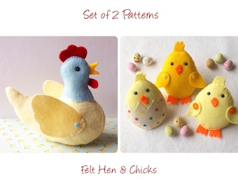 Felt Hen and Easter Chicks PDF Sewing Patterns, Set of Two, Instant Download, Easy to Sew