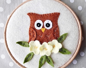 Owl Felt Appliqué PDF Sewing Pattern - Embroidery Hoop Art - Instant Download - Easy to Sew