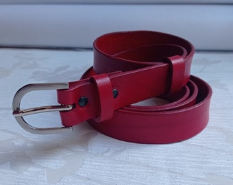 Red belt FINE 2.5cm LEATHER vegetable tanning, handmade, elegant buckle, craftsmanship, France