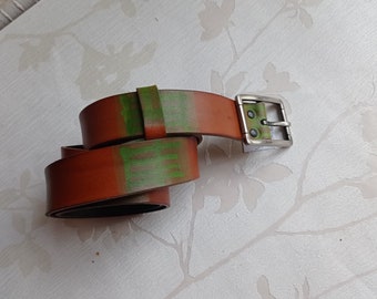 Mixed green and brown LEATHER belt, width 3cm, full grain vegetable tanned leather. artisan creator france