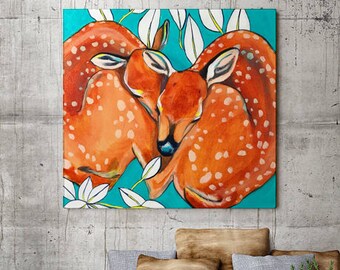 Impression sur toile de cerf, faons, impression sur toile, art, toile, cerf, forêt, jumeaux, bleu, chambre d'enfant, pépinière, art, coloré, anniversaire, cadeau de Noël