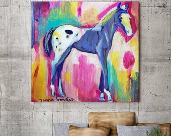 Western Boho Appaloosa Horse Painting, Impression sur toile de cheval coloré, Décoration murale équestre, Style de ferme, Barbie Pink Art, Cute Home Decor