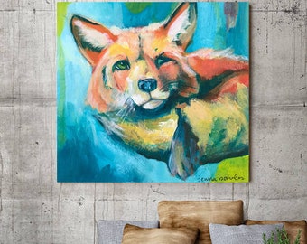 Fox Canvas Art, Canvas Print, Fox Art, Foxes, Orange, Blue, Fox Painting, Kid Room, Animal Art, Animal Painting, Gift for Him, Housewarming