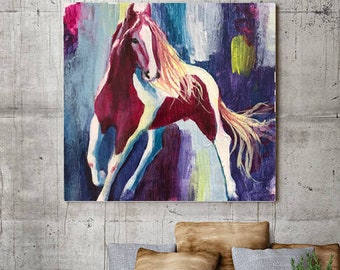 Boho Wild Horse Painting, Colorful Equine Canvas Print, Abstract Equestrian Wall Decor, Farmhouse Style, Paint Filly Print for Girls Room
