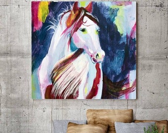 Modern Abstract Horse Painting, Colorful Horse Canvas Print, Equestrian Wall Decor, Farmhouse Style, Little Girl Room Artwork, Cowboy Decor