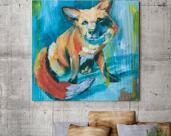 Fox Canvas Art, Canvas Print, Fox Art, Foxes, Orange, Blue, Fox Painting, Kid Room, Animal Art, Animal Painting, Gift for Him, Housewarming