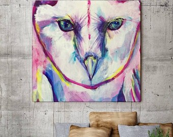 Owl Canvas Art, Canvas Print, Owl Art, Owls, Pink, Owl Painting, Barn Owl, Animal Art, Animal Painting, Gift for Her, Kids, Housewarming