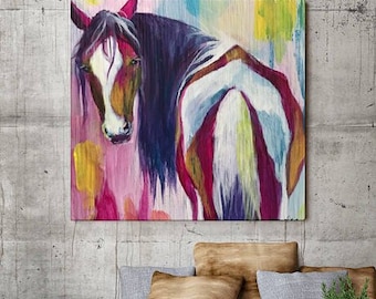 Western Boho Horse Painting, Colorful Horse Canvas Print, Equestrian Wall Decor, Farmhouse Style, Desert Sunset Artwork, Cowboy Home Decor