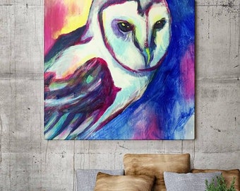 Art de toile de hibou, impression sur toile, art de hibou, hiboux, bleu, peinture de hibou, chouette effraie, art animalier, peinture animalière, cadeau pour elle, enfants, pendaison de crémaillère