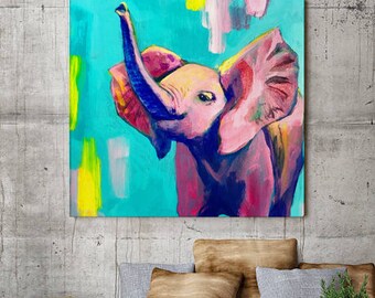 Baby Elephant, Canvas Art, Canvas Print, Elephants, Pink, Dumbo, Trunk, Africa, Kids Room, Nursery Art, Colorful, Birthday, Christmas Gift