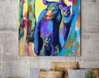 Bear Family, Bear Print, Canvas Print, Cubs, Blue, Purple, Forest, Trees, Kids Room, Nursery, Art, Colorful, Birthday, Christmas Gift