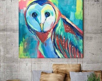 Owl Canvas Art, Canvas Print, Owl Art, Owls, Blue, Owl Painting, Barn Owl, Animal Art, Animal Painting, Gift for Her, Kids, Housewarming