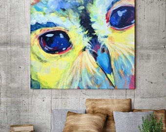 Art de toile de hibou, impression sur toile, art de hibou, hiboux, bleu, peinture de hibou, petit-duc criant, art animalier, peinture animalière, cadeau pour elle, enfants, pendaison de crémaillère