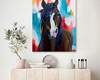 Peinture de cheval Boho moderne, impression sur toile d'étalon coloré, décoration murale équestre, style ferme, art arc-en-ciel en sourdine, art mural contemporain