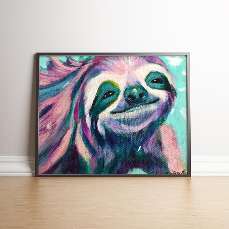 Happy Sloth, Sloth Print, Sloth Art, Sloth Painting, Sloths, Kids Room, Nursery Art, Colorful, Birthday, Christmas Gift image 1