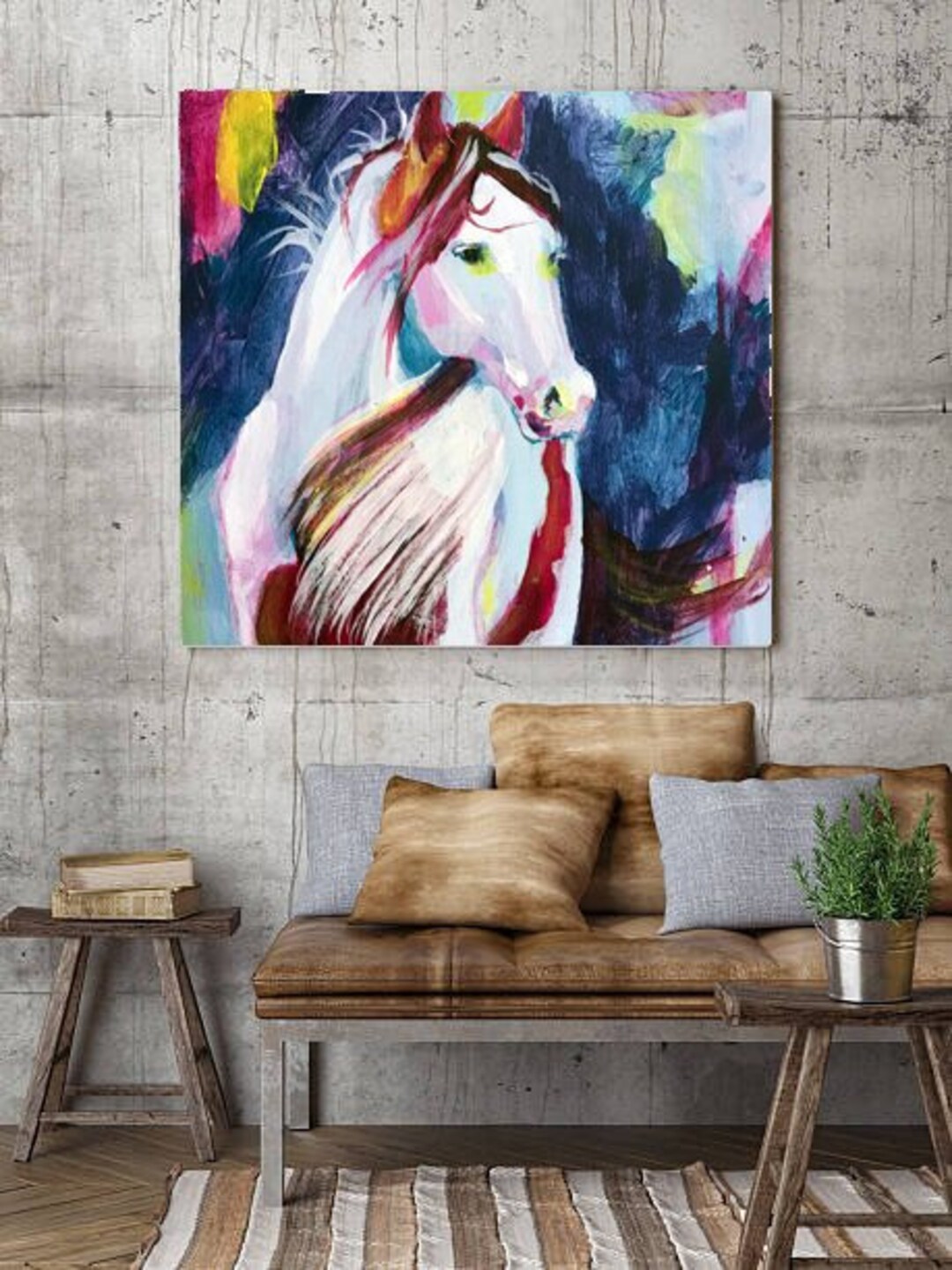 Modern Abstract Horse Painting Colorful Horse Canvas Print Etsy