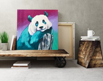 Panda, Panda Canvas, Canvas Print, Rainbow, Bear, Teddy, Japan, Teal, Purple, Kids Room, Nursery, Art, Colorful, Birthday, Christmas Gift