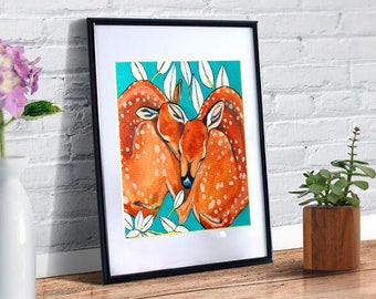 Deer Art, Fawn, Art Print, Deer Print, Teal, Doe, Buck, Print, Deer Painting, Kids Room, Baby Shower, Nursery, Gift for Her, Mother's Day