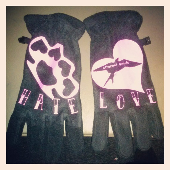 Love and Hate Fleece Tattoo Knuckle Gloves | Etsy